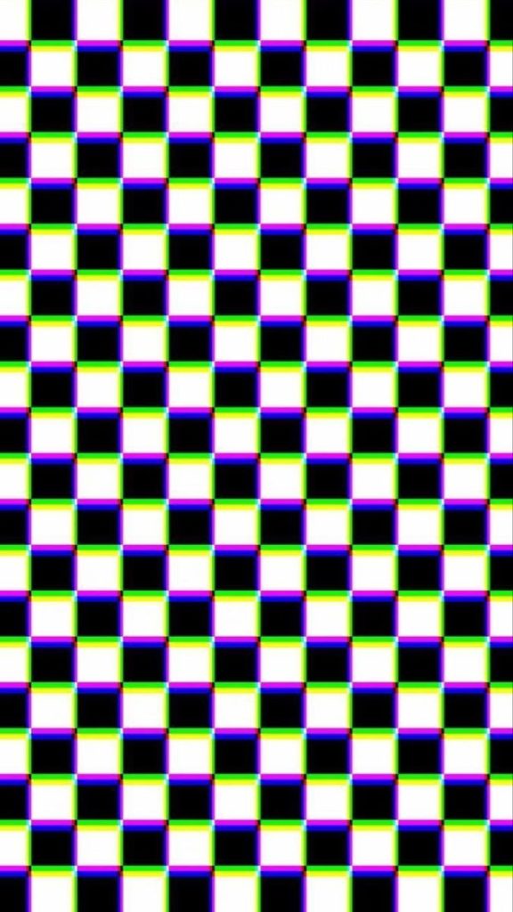 A monochrome checkered background with iridescent green, yellow, and purple blurs, creating a vibrant LED-like appearance.