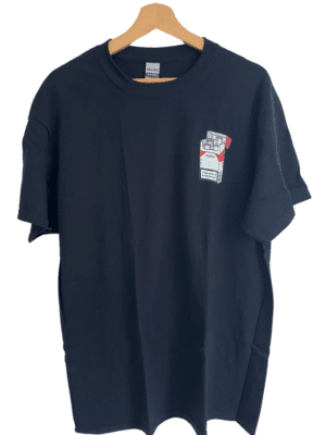 A black T-shirt with a small front print on the left chest featuring a Marlboro-style box filled with gum-cigarettes, made by the brand Zanther. Part of the Shirtstory clothing line, this T-shirt is the shirt of the month for December 2022.