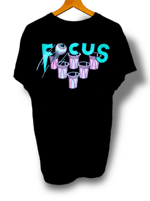 A black T-shirt with a small front print on the left chest featuring a single eye ripped out in blue and purple neon-like hues, and a big backprint of the same eye being part of the word "focus" in blue typography replacing the letter "o" and flying into pink beer pong cups. Made by the brand Zanther, this T-shirt is part of the Shirtstory clothing line and is the shirtstory of the month for January 2023. It is also part of the "FOCUS" collection, known for its purple hoodie, sweater, and stylish green "FOCUS" cap.