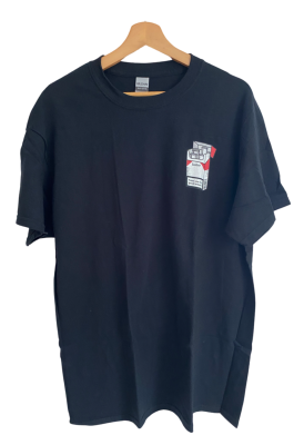 A black T-shirt with a small front print on the left chest featuring a Marlboro-style box filled with gum-cigarettes, made by the brand Zanther. Part of the Shirtstory clothing line, this T-shirt is the shirt of the month for December 2022.