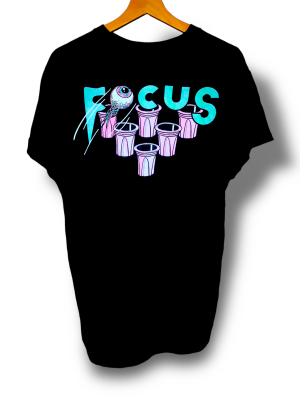 A black T-shirt with a small front print on the left chest featuring a single eye ripped out in blue and purple neon-like hues, and a big backprint of the same eye being part of the word "focus" in blue typography replacing the letter "o" and flying into pink beer pong cups. Made by the brand Zanther, this T-shirt is part of the Shirtstory clothing line and is the shirtstory of the month for January 2023. It is also part of the "FOCUS" collection, known for its purple hoodie, sweater, and stylish green "FOCUS" cap.